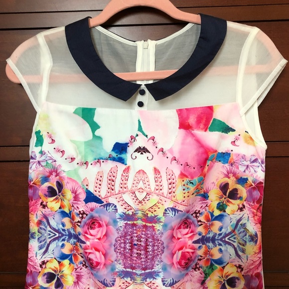 Vibrant Colorful Patterned Collared Mini Shift Dress (Size:Small) - Picture 3 of 8